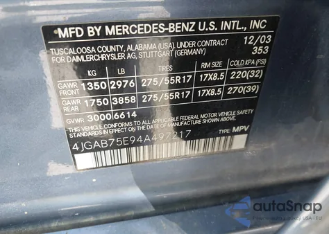 2004 Mercedes-Benz Ml 500 4Matic from USA, damaged, VIN 4JGAB75E94A497217